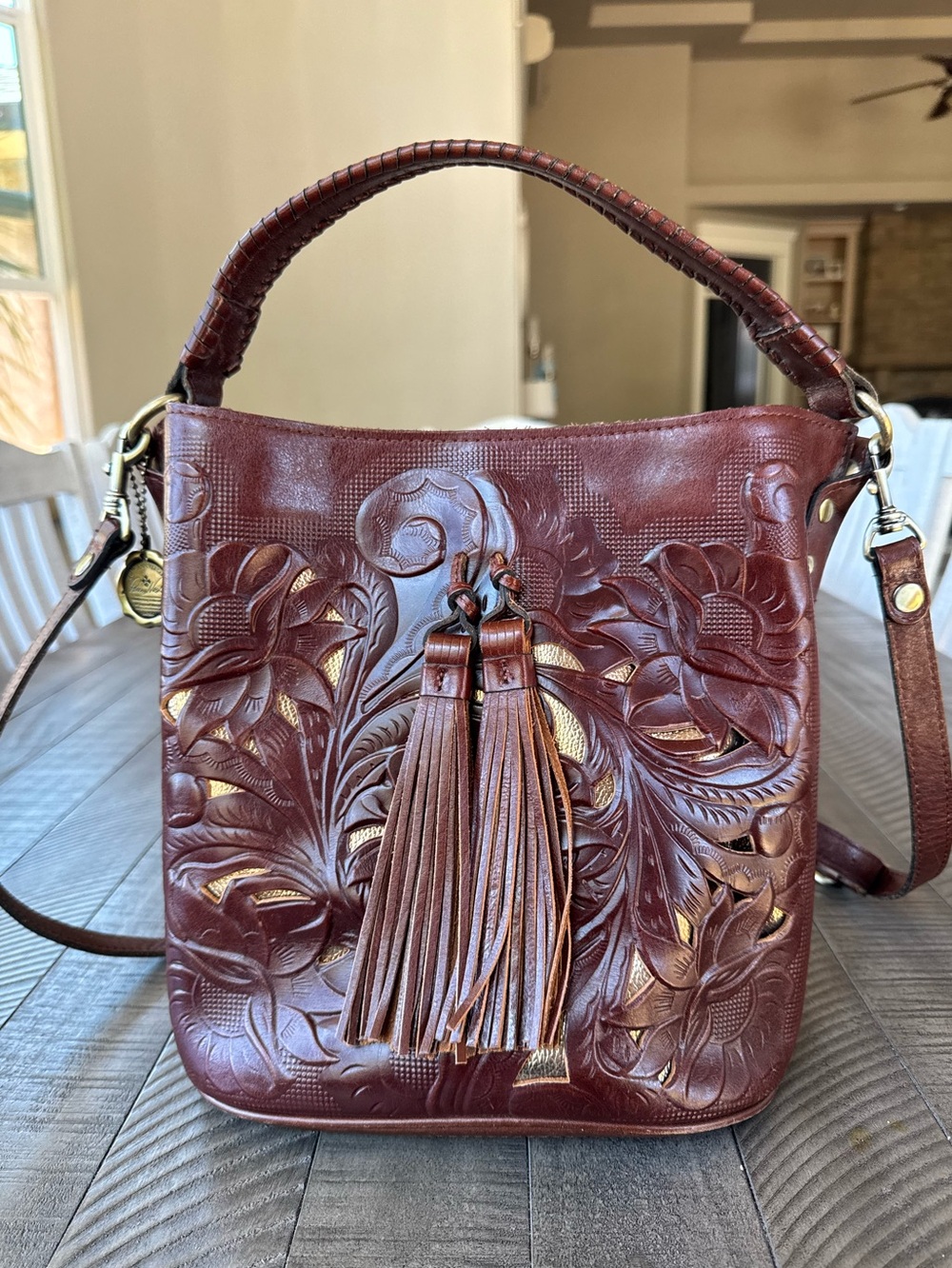 Patricia Nash Otavia Cut-Out Handtooled Leather Crossbody - Handbag Bucket Bag
